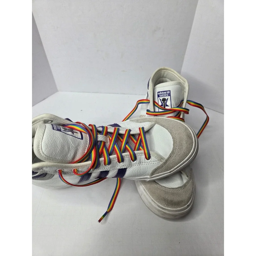 Adidas Matchcourt High RX Hardies White Purple Rainbow Laces F36438‎ Mens 5.5